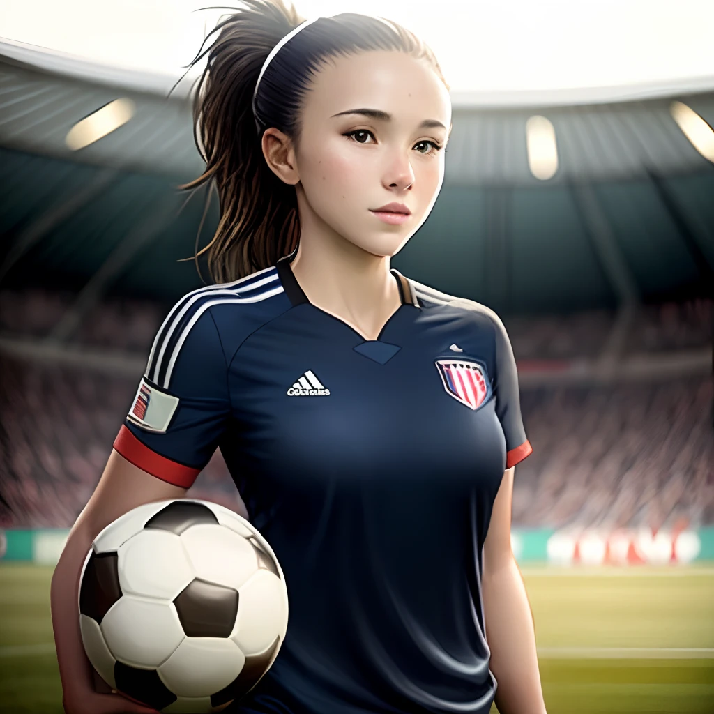 Arafed image of a woman holding a soccer ball in a stadium - SeaArt AI