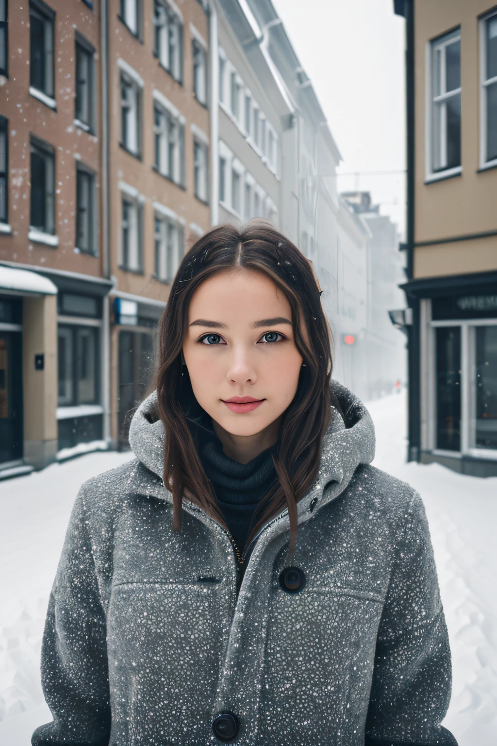 Professional portrait photo of a beautiful Norwegian girl in winter clothes with long wavy blond hair, (( Koketter Blick)), Sommersprossen, beautiful symmetrical face, cute natural makeup, ((Standing outside in the snowy city street)), Atemberaubende, moderne, urbane, gehobene Umgebung, ultra realistisch, Konzeptzeichnung, elegant, Highly detailed, kompliziert, Scharfer Fokus, Depth of field, f/1. 8, 85mm, Mittlerer Schuss, Mittlerer Schuss, (Zentrierte Bildkomposition), (Professionell farblich abgestuft), ((helles, weiches, diffuses Licht)), Volumetrischer Nebel, Auf Instagram im Trend, Auf Tumblr im Trend, HDR 4K, 8K