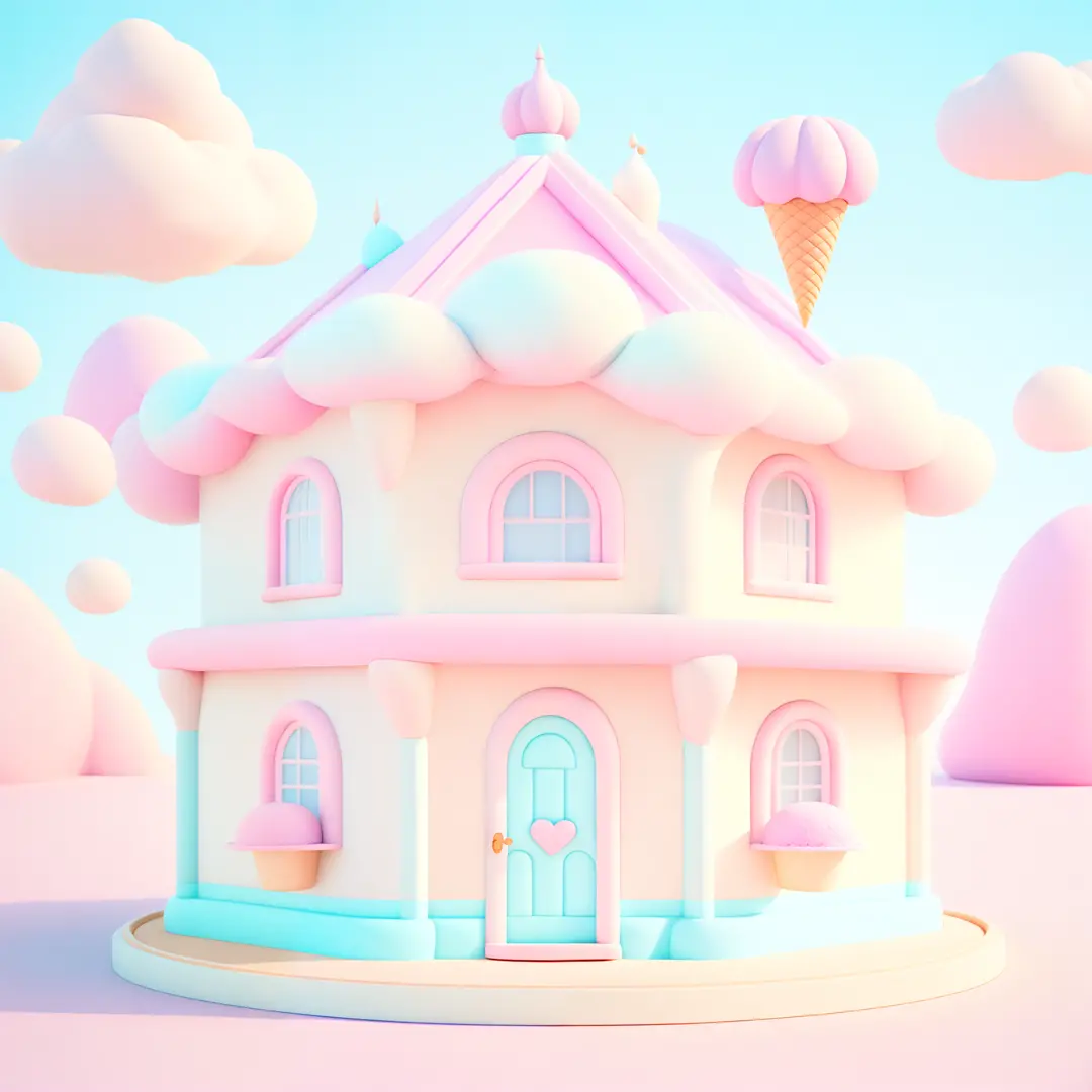 Pastel cartoon style house with ice cream roof