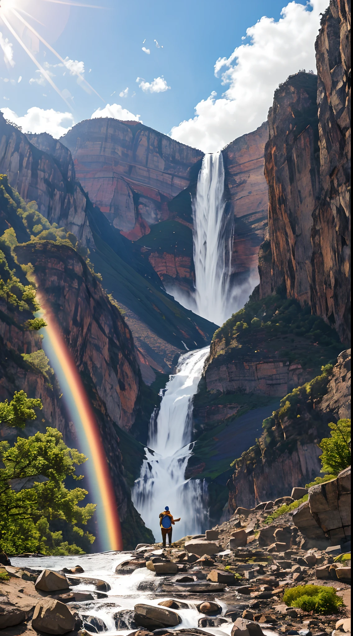 A guy on a mountain with a water fall behind him a sun on top and a corcle rainbow