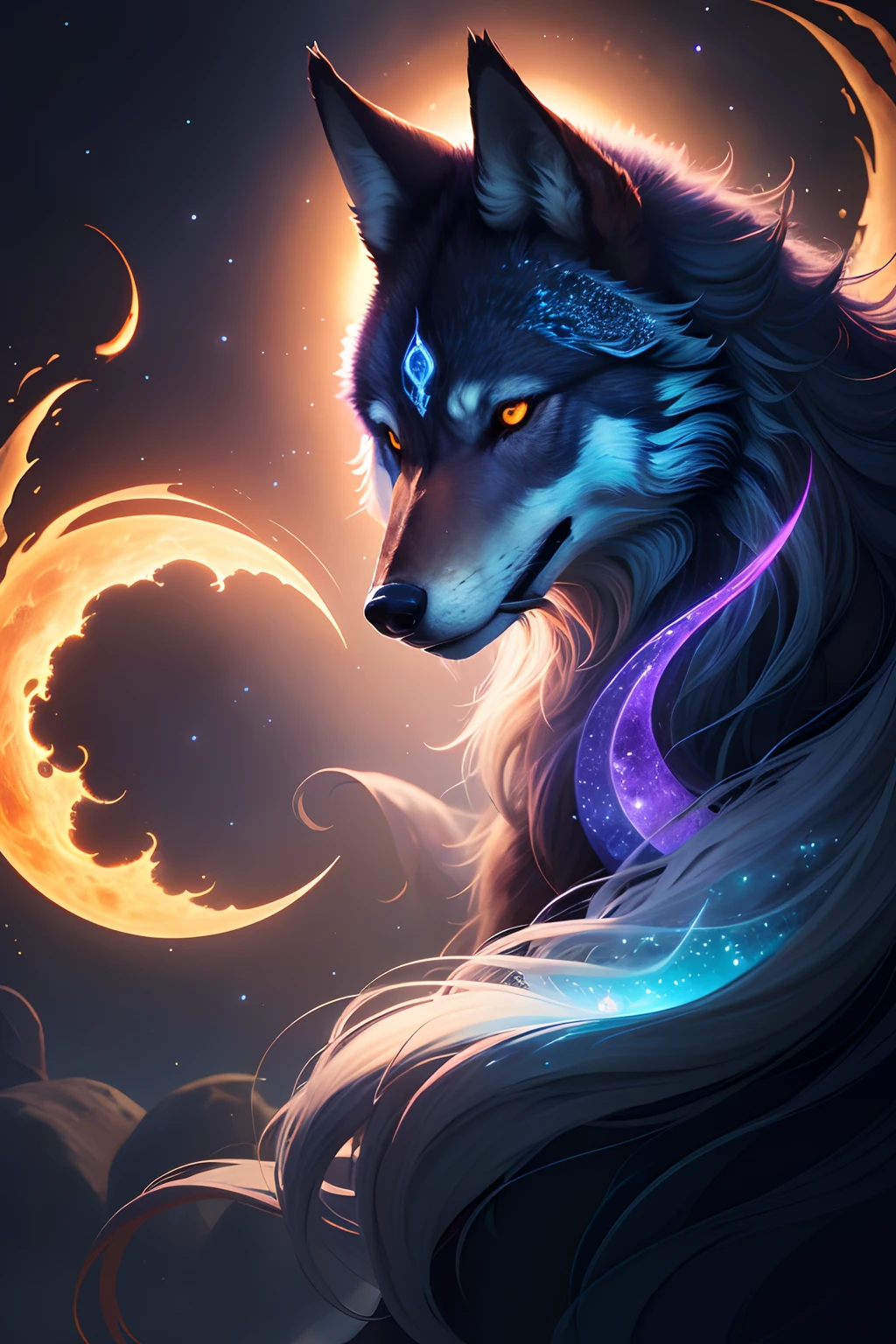 A wolf with glowing eyes and a long mane is looking at the moon - SeaArt AI