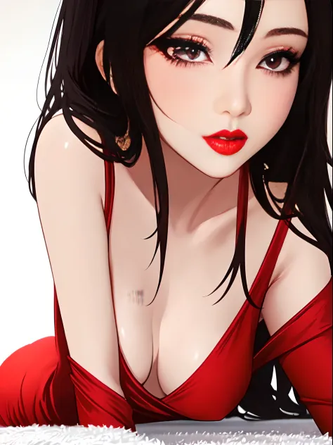 woman in a red dress laying on a white rug, thick lips, sexy lips, neck zoomed in from lips down, sexy face, ayahausca, big juicy lips, sexy red lips, luscious lips, profile image, sexy :8, small lips, sexy look at the camera, big lips, angelawhite, cleava...