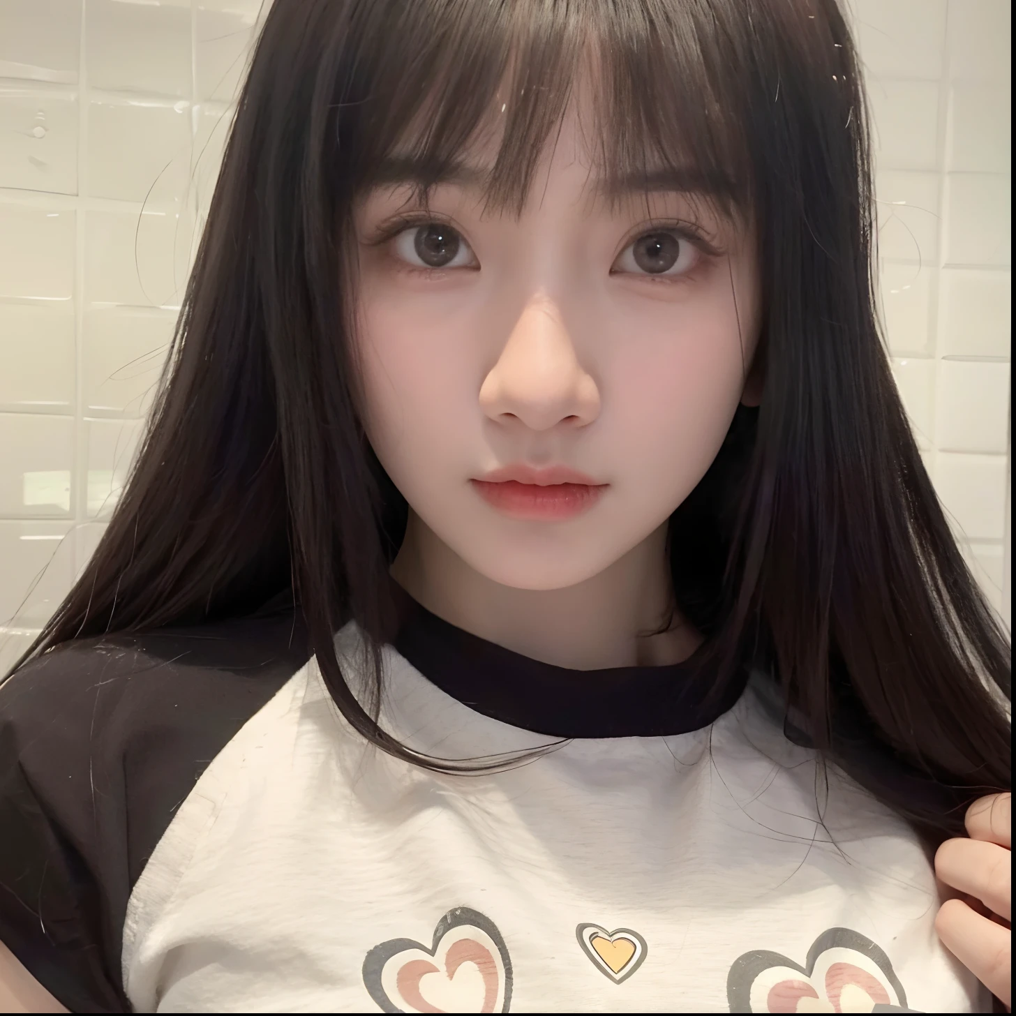 there is a woman with long hair and a black shirt, She has black hair with bangs, she has a cute expressive face, she have a cute face, young cute wan asian face, girl cute-fine-face, neat hair with bangs, shikamimi,  KOREAN, wan adorable korean face, fluffly, with long hair and piercing eyes