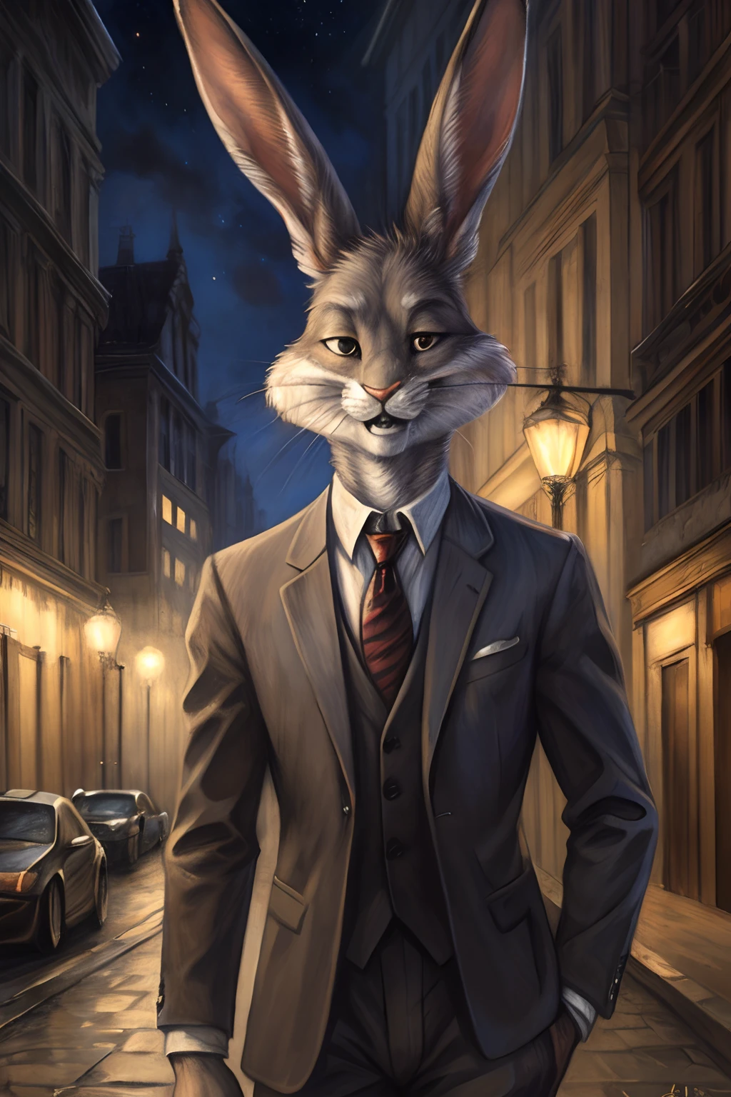 (by rukis, by blotch, by personalami, by honovy, by zackary911), male, solo, bugs bunny, rabbit, buckteeth, wearing suit, necktie, bottomwear, street, night, long ears, grey body, grey fur, white fur,furry,