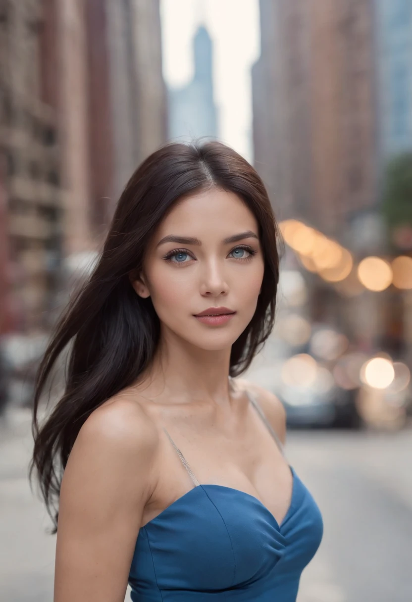 Blue eyes, Masterpiece, Best Quality, 8K, Photographic Reality, Realistic, Octane Rendering, Bustling Urban Streets of CHicago (1 Woman: 1.4), (Only One Woman on the Screen: 1.3), (Blue Shirt), (Long Black Hair), (Hip Wrapped Skirt), (Blue Eyes) Upper Body Display (Asian-American) (Fit, Athletic, Tall)(Small Breasts)