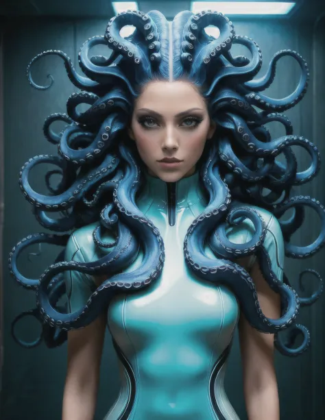 HDR photo of (Ultrarealistic:1.3) a woman with long octopus strands, cyberpunk medusa, portrait of a sci - fi woman, portrait of...
