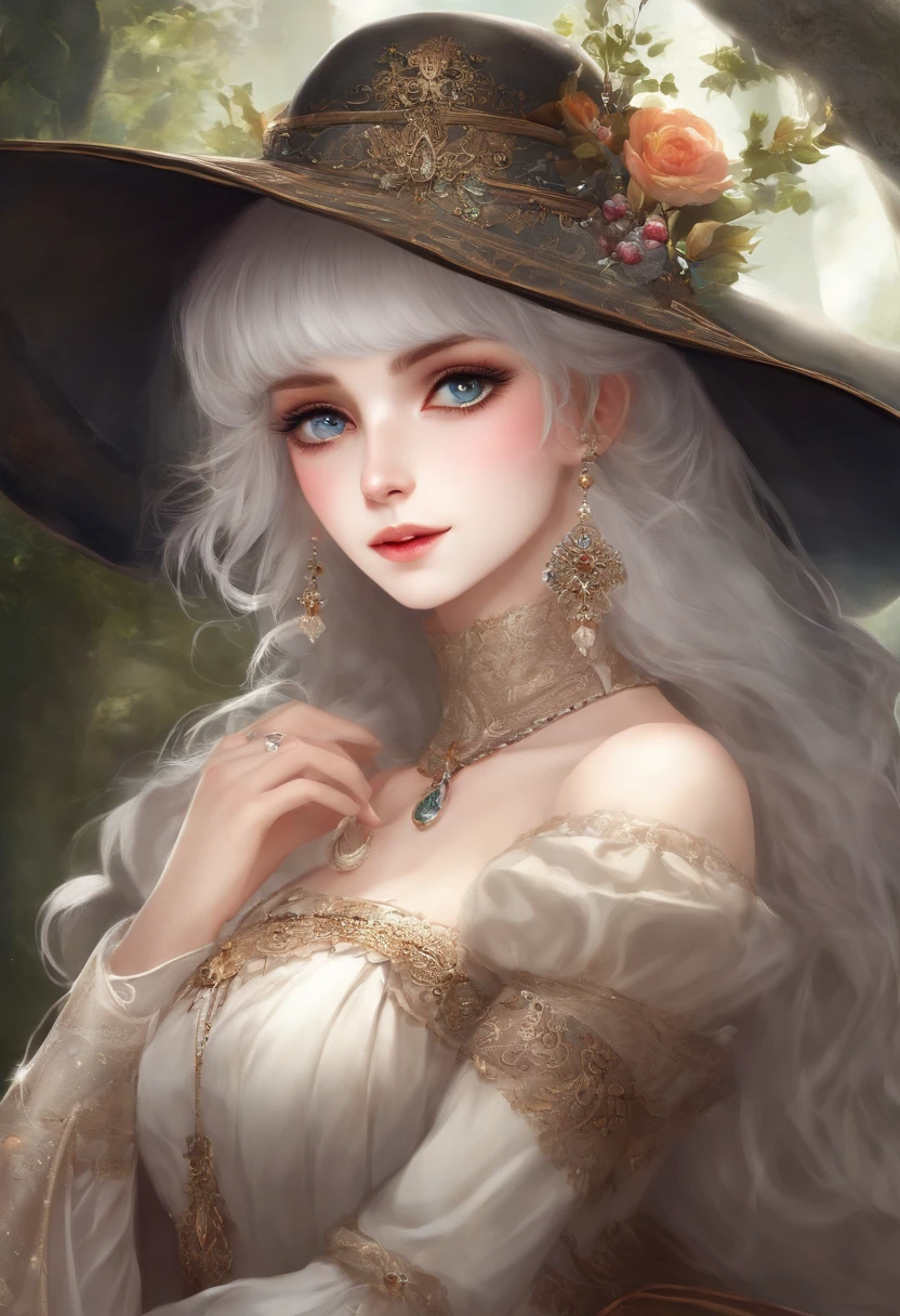 (masterpiece), (work of art), (amazing work), (detailed eyes), (delicate skin), (heterochromatic eyes), (multicolored), (short white hair with bangs), (sparkling eyes), (1girl) with witch's hat, ancient, old, wearing extravagant medieval clothes, masterpiece, best quality, best desinger, best illustration