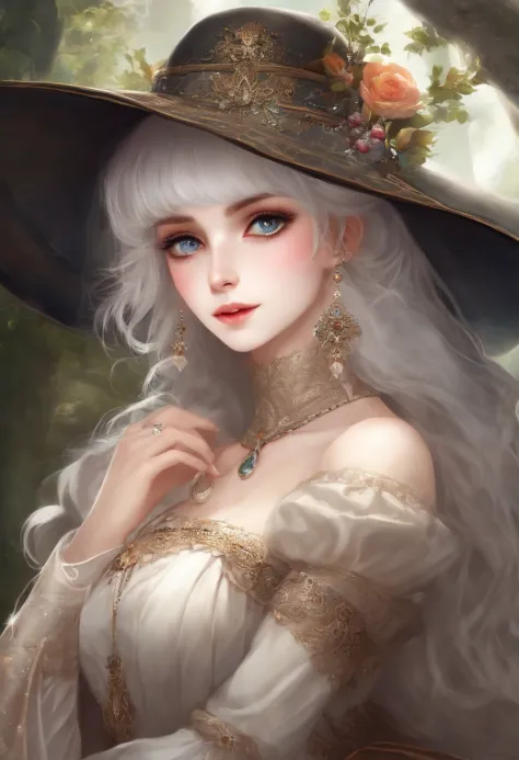 (masterpiece), (work of art), (amazing work), (detailed eyes), (delicate skin), (heterochromatic eyes), (multicolored), (short white hair with bangs), (sparkling eyes), (1girl) with witch's hat, ancient, old, wearing extravagant medieval clothes, masterpie...
