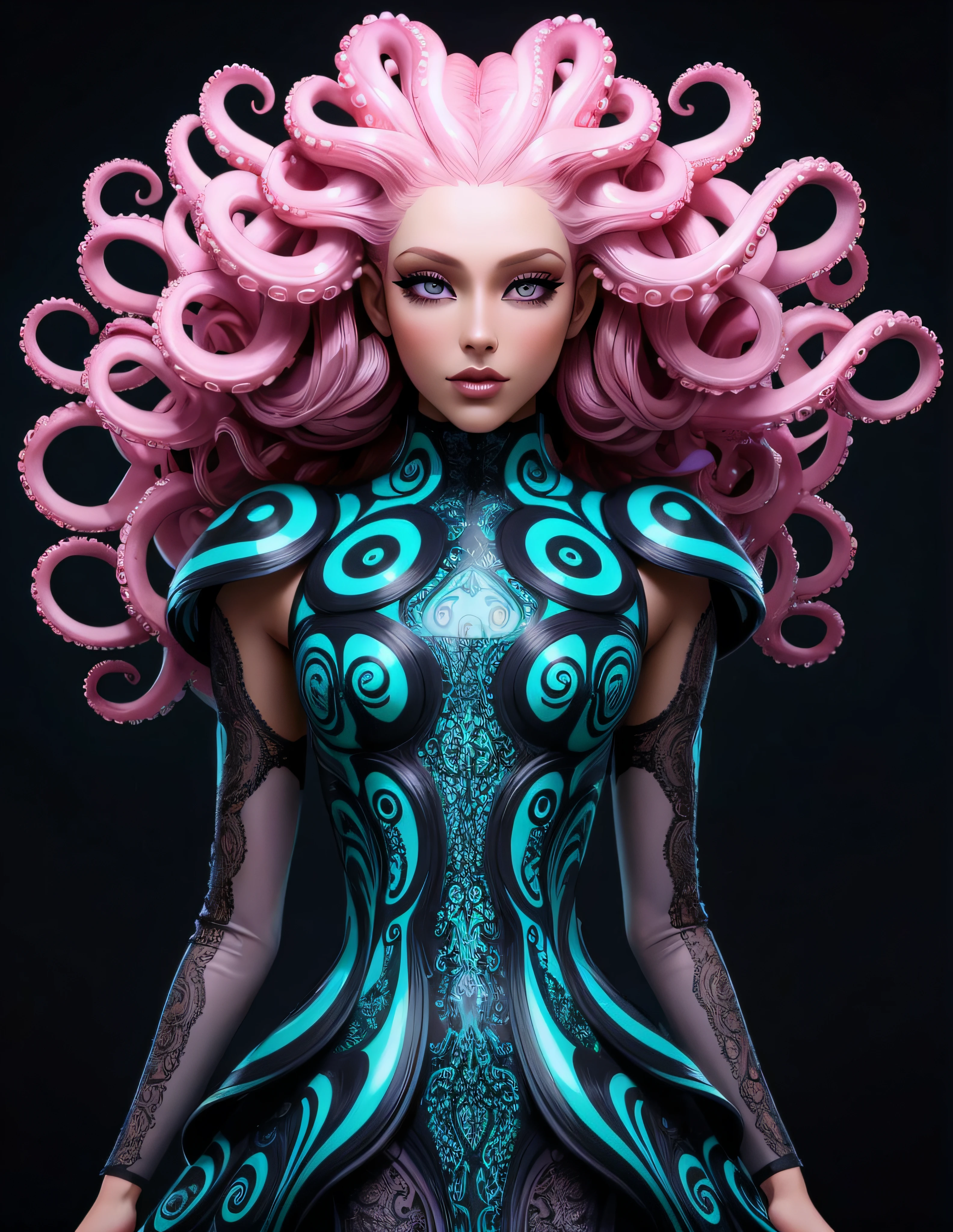 Estilo de cartaz publicitário (Ultrarealistic:1.3) uma mulher com um vestido brilhante e tentáculos de polvo, linda mulher polvo, portrait of an deusa polvo, deusa polvo, medusa ciberpunk, deusa psicodélica, tentáculos vívidos, modelo de moda de vanguarda, mulher feita de chamas negras, pintura corporal em redemoinho, jovem como medusa, garota loira em um vestido cósmico, retrato escuro da medusa, ciborgue orgânico psicodélico com uma boneca rosa com longos cabelos rosa, intrincado estilo cgi de anime ornamentado, medusa ciberpunk, penteado futurista bonito, cabelo longo e esvoaçante de medusa, retrato da Medusa adolescente, penteado futurista, uma impressionante jovem figura etérea, modelo de moda de vanguarda, medusa feita de cera macia, impressionante renderização em 3D de fantasia, mulher futurista elegante, retrato escuro da medusa, futurista e etéreo . profissional, moderno, Foco no produto, comercial, atraente, Altamente detalhado