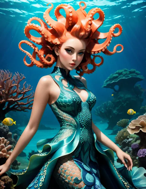Strategy game style (Ultrarealistic:1.3) a woman in an underwater dress with octopus hair, beautiful octopus woman, portrait of ...