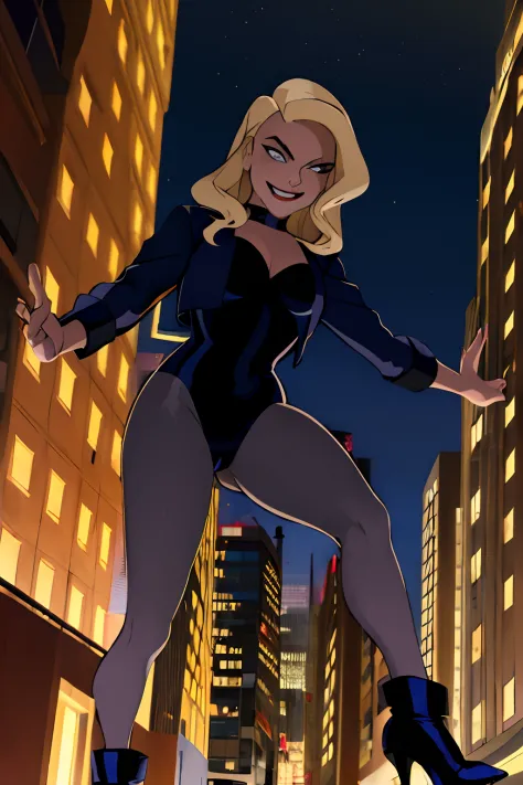 ((masterpiece,best quality)), absurdres,
Black_Canary_JLU, giantess, city,
solo, smiling, looking at viewer, 
night sky and city in background, cinematic composition, dynamic pose,