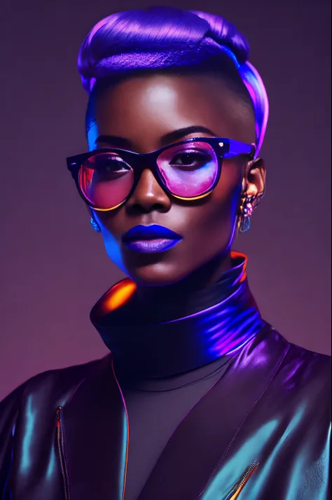 an AFRICAN woman with a pair of glasses, Well cut conical hair well shaved on the sides style a madness in the 90's piece, e bri...