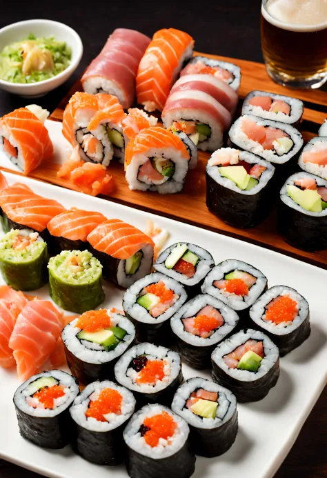 A magazine photograph of an incredible assortment of sliced sushi rolls made by Chef Gordan Ramsey, with smoked salmon & tuna & eel & roe & avocado & octopus & wasabi arranged in the Japanese manner with chop-sticks and a Japanese bottled beer & tall glass...