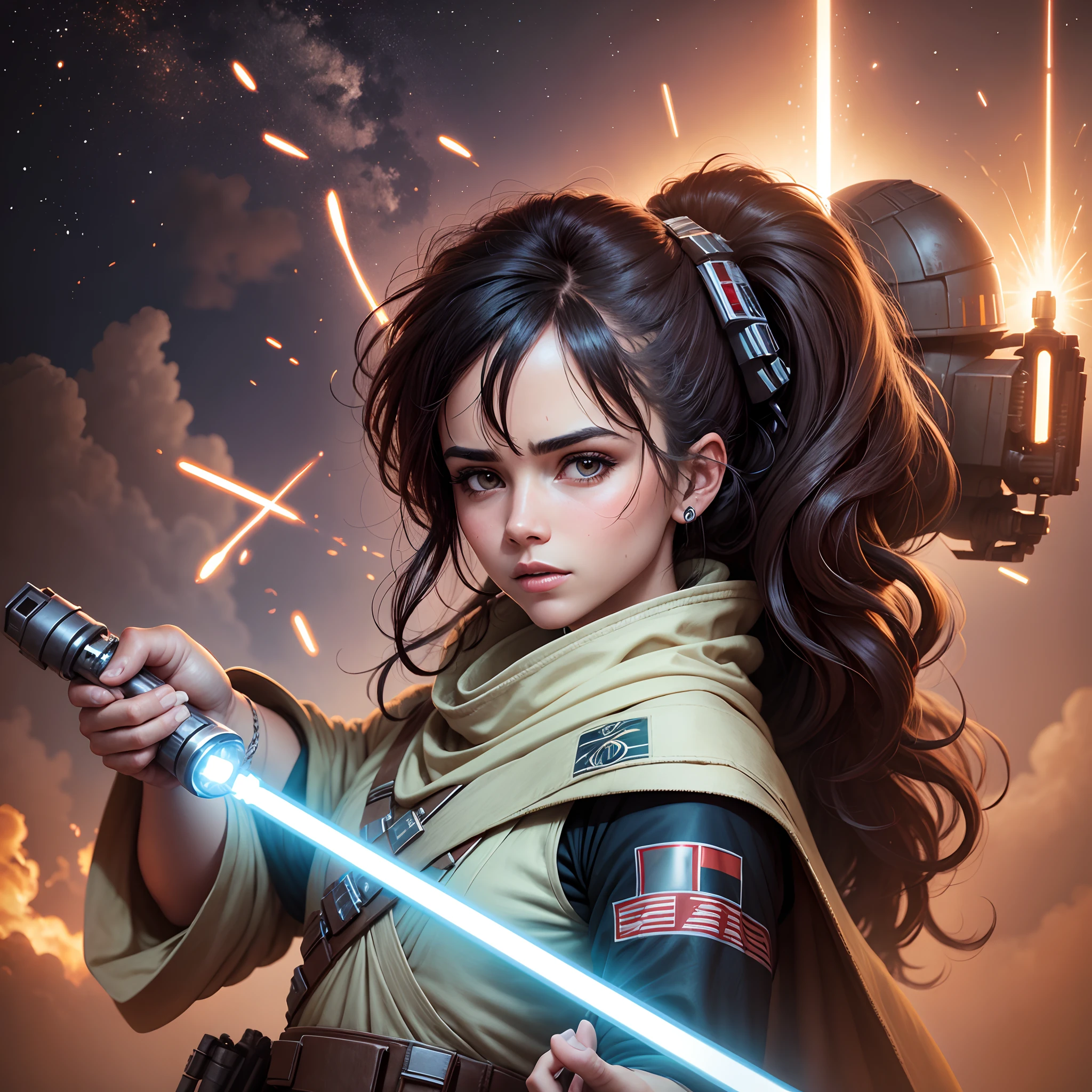 A woman in a star wars outfit holding a light saber - SeaArt AI