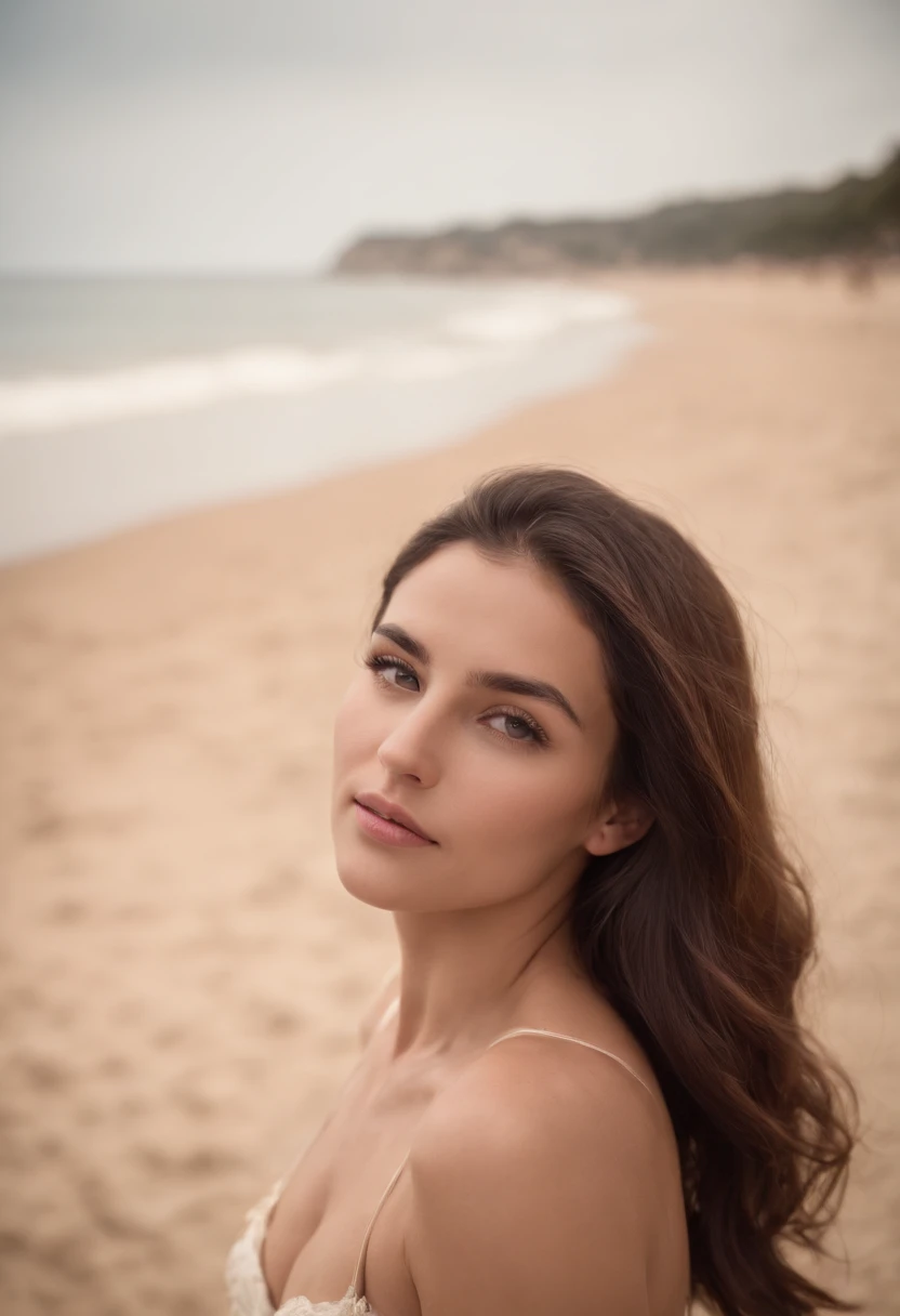 A woman with curly hair standing on a beach next to the ocean - SeaArt AI