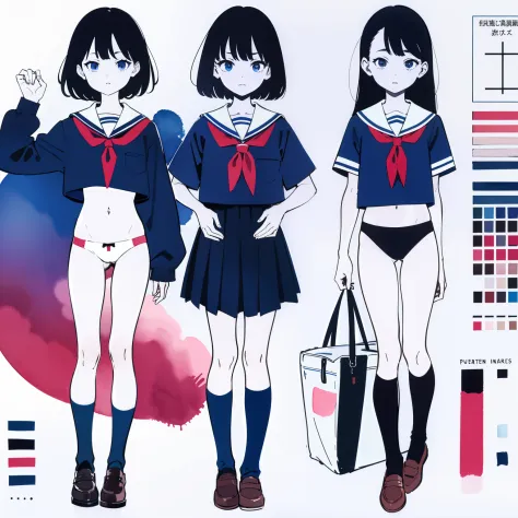 (superflat, flat colors), Ikea assembly scheme of a schoolgirl, loli, school uniform, panties, watercolor