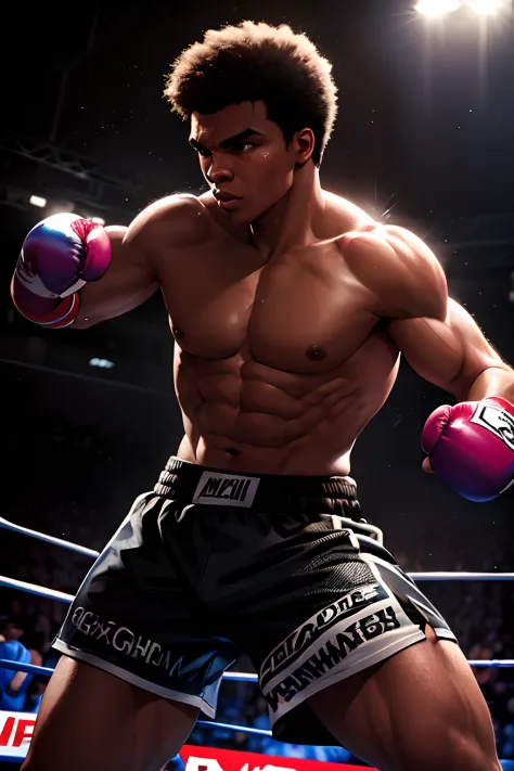 American boxer Muhammad Ali,medium:illustration,extremely detailed eyes and face,beautiful detailed lips,strong muscular build,confident expression,fighting stance,wearing boxing gloves and shorts,in the ring,against a dark background,HDR lighting,vibrant ...
