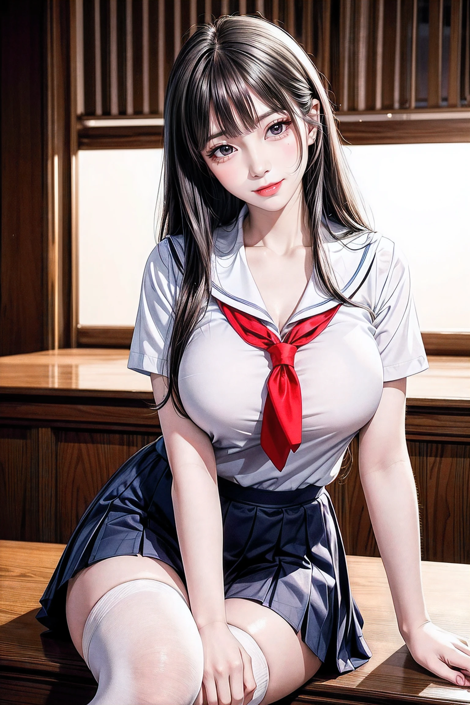 Simple white background, School uniform, serafuku,red necktie,鎖骨, cleavage, (Bare_Neck:1.5), black thighhighs,Short sleeves, Navy blue and white shirt ,Puffy sleeves,a sailor suit,blue sailor collar, Blue skirt, Black hair, Blunt bangs,Long hair,Brown eyes, 1 girl, 20yr old,infp young woman,Beautiful Finger,Beautiful long legs,Beautiful body, Beautiful nose,Beautiful character design, Perfect eyes, Perfect face,Expressive eyes,Perfect balance, Looking at Viewer,(Focus on her face),Closed mouth, (Innocent_Big_Eyes:1.0),(light_Smile:0.3), Official art,Highly detailed CG Unity 8K wallpaper, Perfect Lighting,Colorful, Bright_front_Face_Lighting,White skin, (masutepiece:1.0),(best_quality:1.0), 超A high resolution,4K,Ultra-detailed, Photography, 8K, nffsw, hight resolution, absurderes:1.2, Kodak Portra 400, Film grain, Blurry background, Bokeh:1.2, Lens Flare, (Vibrant_Color:1.2),professional photograpy, (Beautiful,Large_breasts:1.4), (Beautiful_Face:1.5),(narrow_waist),