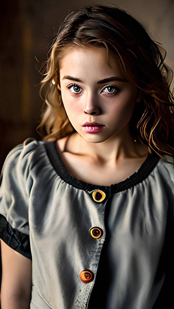 (((Loraine Wirth))), photo of a teenager and homeless girl ((dressing an old torn clothes)), ((anxious background)), ((looking the camera)), (shy), 1girl, solo, brown and curly and messy hair, very detailed face, beautiful eyes, [chubby], adorable, with rosy cheeks and bright, sad eyes, stunningly beautiful, (Rembrandt Lighting), zeiss lens, ultra realistic, (high detailed skin:1.2), 8k uhd, dslr, Dramatic Rim light, high quality, Fujifilm XT3,