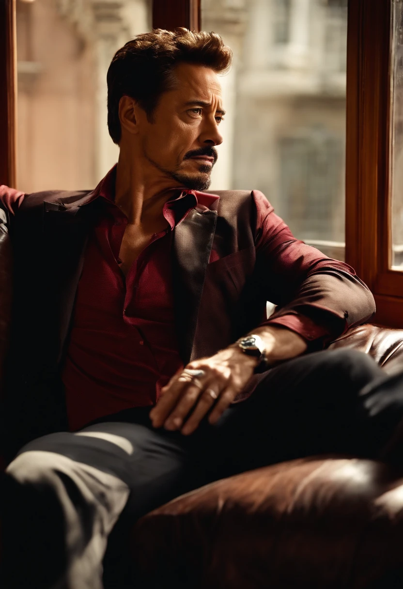 Robert the rock in a red shirt and black jacket sitting on a couch - SeaArt  AI