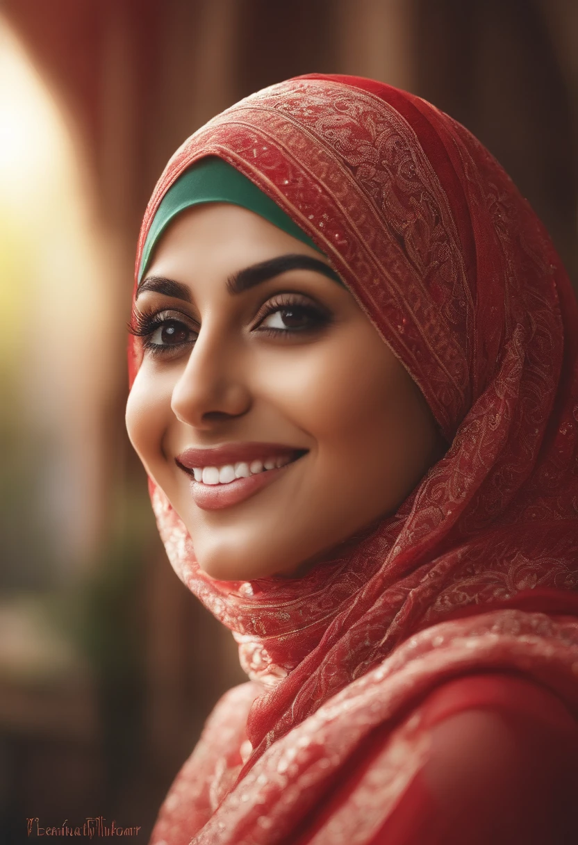 A woman in a red hijab smiles for the camera - SeaArt AI