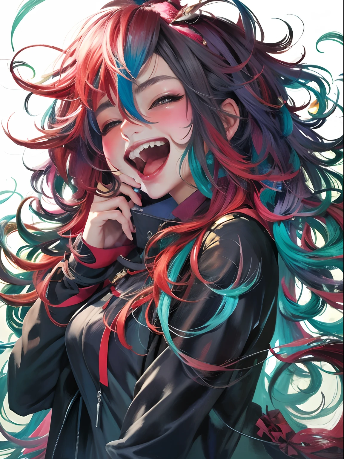 anime girl with long hair and red and blue hair singing, Anime Moe Artstyle, Visual anime of a cute girl, [[[[smiling evil]]]], expressing joy. by Krenz Cushart, anime girl with long hair, high quality anime artstyle, Detailed anime character art, Detailed key anime art, Official illustrations