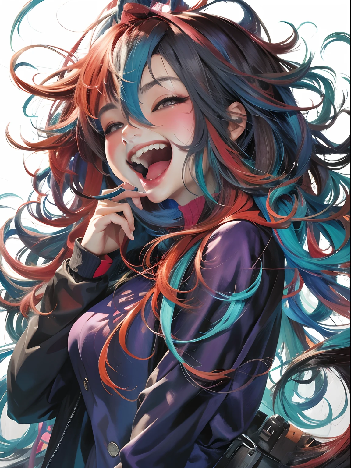 chica anime con pelo largo y pelo rojo y azul cantando, Estilo artístico del anime Moe, Anime visual de una chica linda, [[[[sonriendo malvado]]]], expresando alegría. por Krenz Cushart, Chica anime con pelo largo, estilo artístico anime de alta calidad, Arte detallado del personaje de anime, Arte de anime clave detallado, Ilustraciones oficiales brown long hair