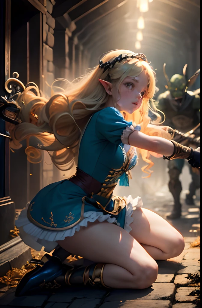 (1 Girl and 1 Goblin Boy) Blonde Elf. 25 years. Cyan eyes. (golden long curly hair, scattered in a mess:1.2). (Dirty blue dress with gold embroidery). high-heeled shoes. Beautiful Character Face. Detailed eyes and face, delicate features, (Sexy). She fights a goblin in the middle of an underground labyrinth. ( Green Skin Goblin Boy in Leather Clothes with Axe, attacks her and tries to grab her arms), Stone walls, light mist. Outstretching Hands. Brandishing Weapons, fencing. Infighting. Anxious atmosphere. Fantasy theme,. dramatic  lighting. higly detailed. side-view.