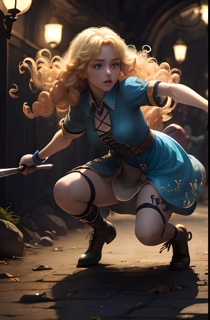 (1 Girl and 1 Goblin Boy) Blonde Elf. 25 years. Cyan eyes. (golden long curly hair, scattered in a mess:1.2). (Dirty blue dress with gold embroidery). high-heeled shoes. Beautiful Character Face. Detailed eyes and face, delicate features, (Sexy). She fights a goblin in the middle of an underground labyrinth. ( Green Skin Goblin Boy in Leather Clothes with Axe, attacks her and tries to grab her arms), Stone walls, light mist. Outstretching Hands. Brandishing Weapons, fencing. Infighting. Anxious atmosphere. Fantasy theme,. dramatic  lighting. higly detailed. side-view.