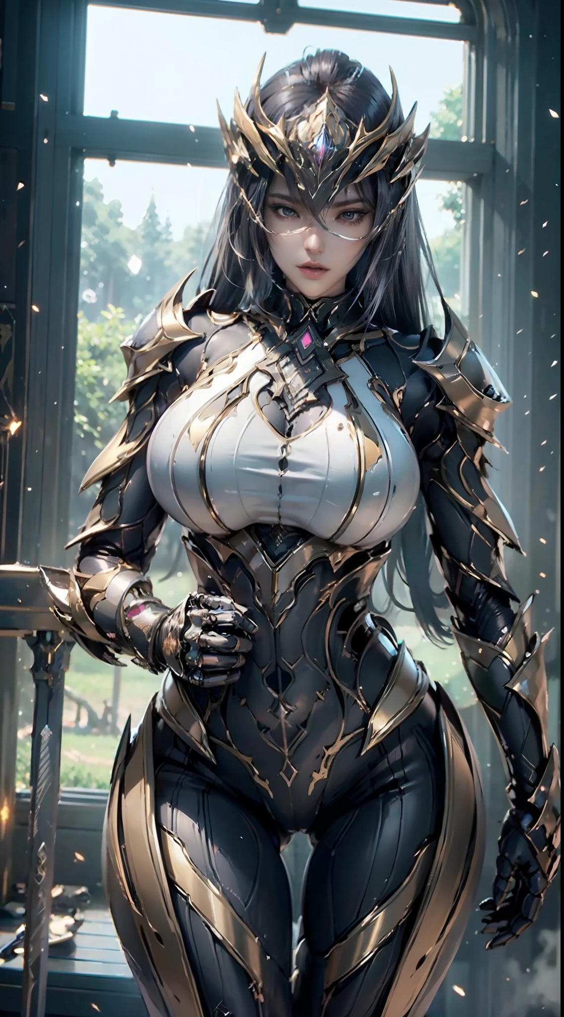 ((unreal enginee 5)), lifelike rendering, excellent, (Full Armor Body), (cloaks), (Helm), looking in camera, Stand in the studio, Beautiful face, makeup, CGI Mix, (Photorealism:1.2), Ultra-realistic UHD face, (Huge fake:1.4), (huge-breasted:1.1), (Muscle abs), (Big butt), (wide hips), (thick thighs), Slim waist, an hourglass figure, Half body, ((Glowing skin)), ((Shiny skin)), Realistic body, ((She has a sexy body)), ((Clean skin)), Photorealistic, Bokeh, Motion Blur, masutepiece, hight resolution, 1080p, Super Detail, Textured skin.