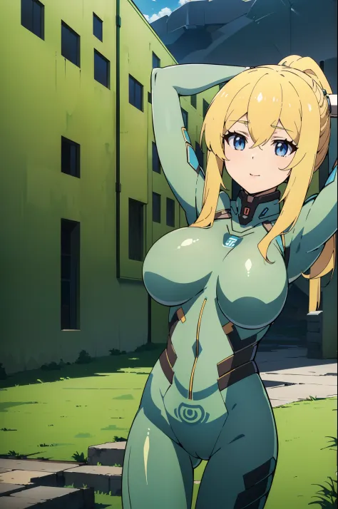 masterpiece, best quality, extremely detailed, 1girl, milf, solo, shalsha, (huge breasts:1.3), (((blonde hair, long hair, ponytail, blue eyes))), parted lips, (((fortified_suit, green plugsuit))), naughty smile, (closed mouth), ((arms behind head, dystopia...