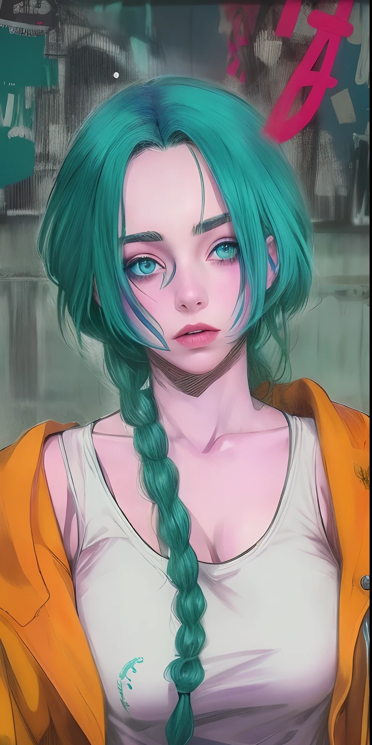 una imagen de dibujos animados de una mujer con cabello azul y una peluca azul, Mujer corta de cabello azul, Estilo de anime Madhouse, Chica con cabello azul, Estilo anime Jojo, Chloe Precio, Retrato de Jinx de Arcane, cell shaded adult animation, Boceto coloreado de alta calidad, Chica de anime con cabello verde azulado, looking like annie leonhart, overlord billie eilish