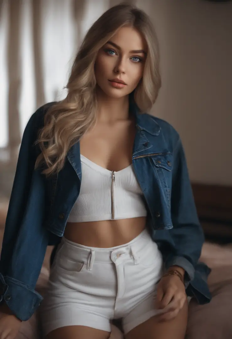 A close up of a woman in a white bra top and jeans - SeaArt AI