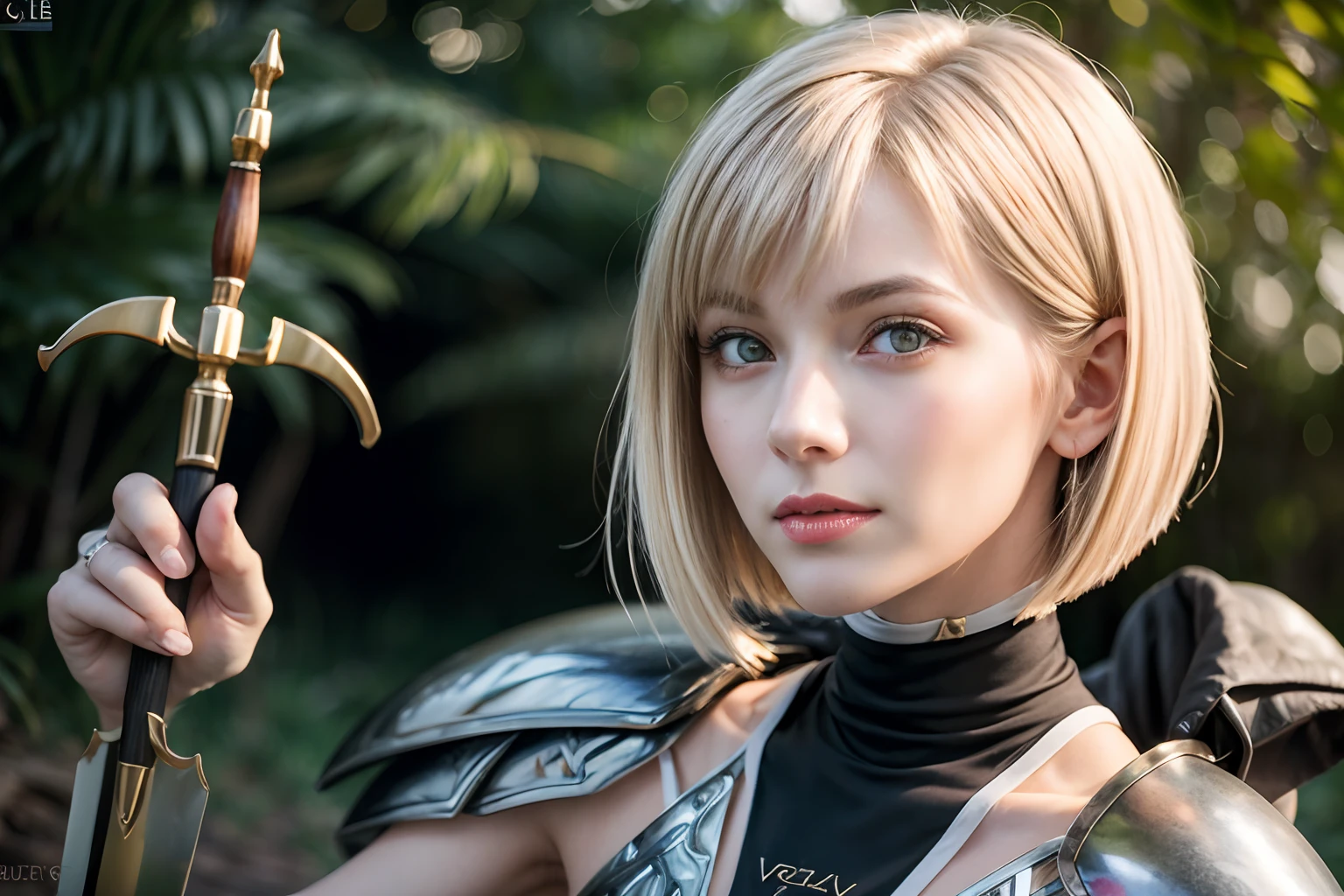 1girl, full_body, (masterpiece, best quality:1.4), (holding a big sword with two hands:1.4), (full body:1.4), (sword attack pose:1.4), in an enchanted forest, rule_of_thirds, clare, grey eyes, armor, bodysuit, blonde bob haircut, blonde bangs, perfect Norse female face, beautiful silver eyes , sexy smile, beautiful face, (highly detailed face), highly detailed eyes, highly detailed skin, skin pores, subsurface scattering, realistic pupils, medium breast, full face blush, full lips, detailed background, depth of field, volumetric lighting, sharp focus, absurdres, realistic proportions, good anatomy, (realistic, hyperrealistic:1.4), 16k hdr, thin, bonespo, thinspo, Eugenia Cooney body, thin face, thin body, tall,