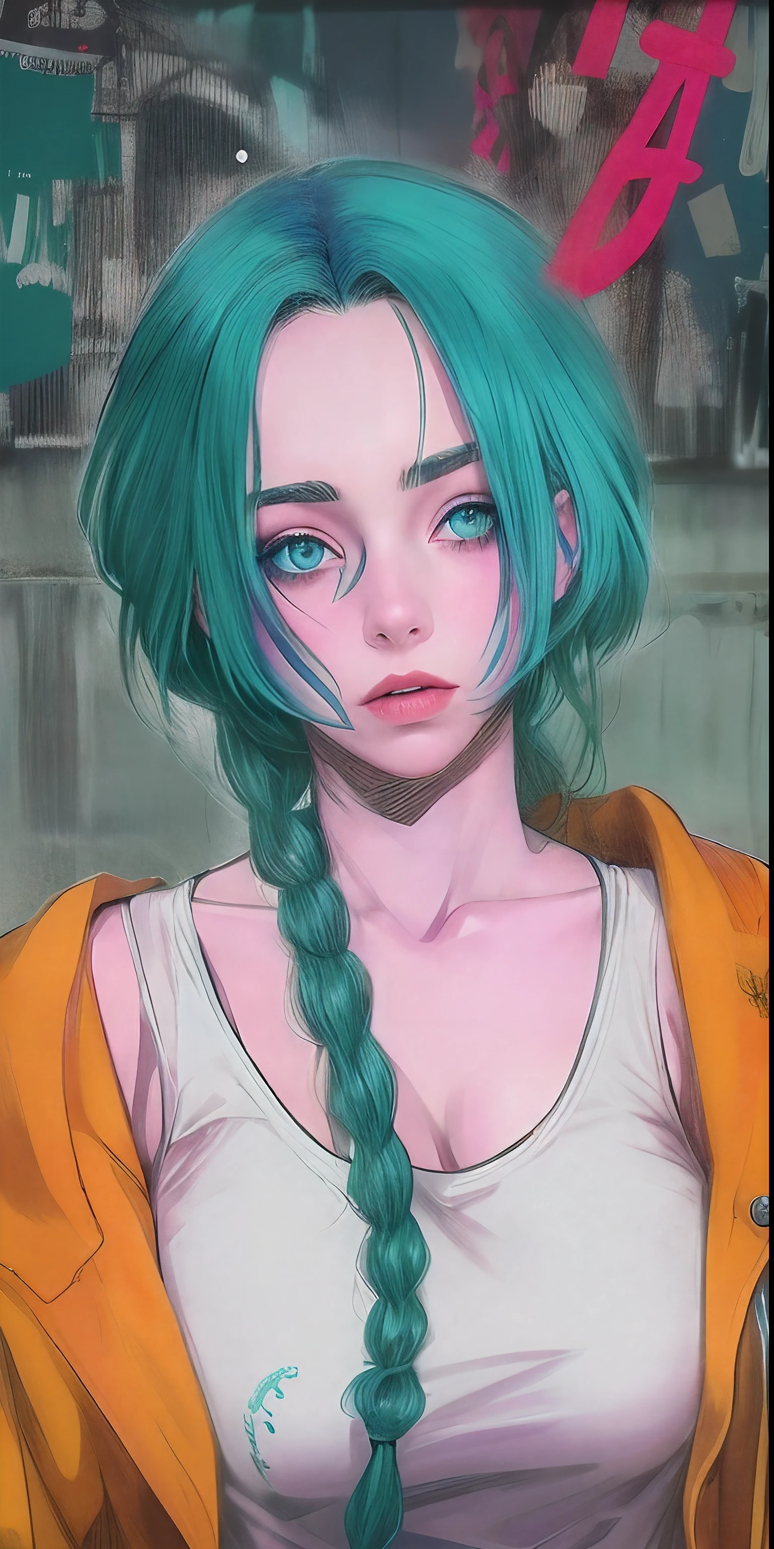 una imagen de dibujos animados de una mujer con cabello azul y una peluca azul, Mujer corta de cabello azul, Estilo de anime Madhouse, Chica con cabello azul, Estilo anime Jojo, Chloe Precio, Retrato de Jinx de Arcane, cell shaded adult animation, Boceto coloreado de alta calidad, Chica de anime con cabello verde azulado, looking like annie leonhart, overlord billie eilish