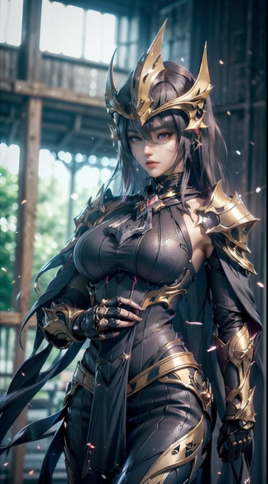 ((unreal enginee 5)), lifelike rendering, excellent, (Full Armor Body), (cloaks), (Helm), looking in camera, Stand in the studio, Beautiful face, makeup, CGI Mix, (Photorealism:1.2), Ultra-realistic UHD face, (Colossal tits), Slim waist, an hourglass figure, Half body, ((Glowing skin)), ((Shiny skin)), Realistic body, ((She has a sexy body)), ((Clean skin)), Photorealistic, Bokeh, Motion Blur, masutepiece, hight resolution, 1080p, Super Detail, Textured skin, (sword on waist)