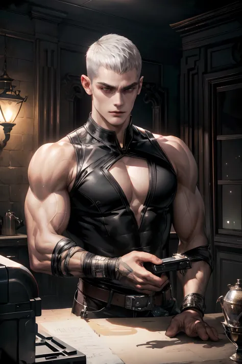 masterpiece, 1male, handsome, tall muscular face, ((POV)), adult, male, murderous, standing still, ((solo)), (forehead), (buzzcut + topcut), short bangs, hair between eyes, voluminous short hair, silver hair, handsome, serious, silver eyes, ((sleeveless bl...