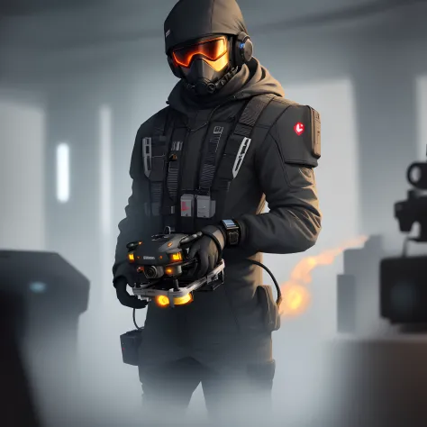 Make a drone based operator named spectre whose ability is to make hos drones go invisible he wears all black
