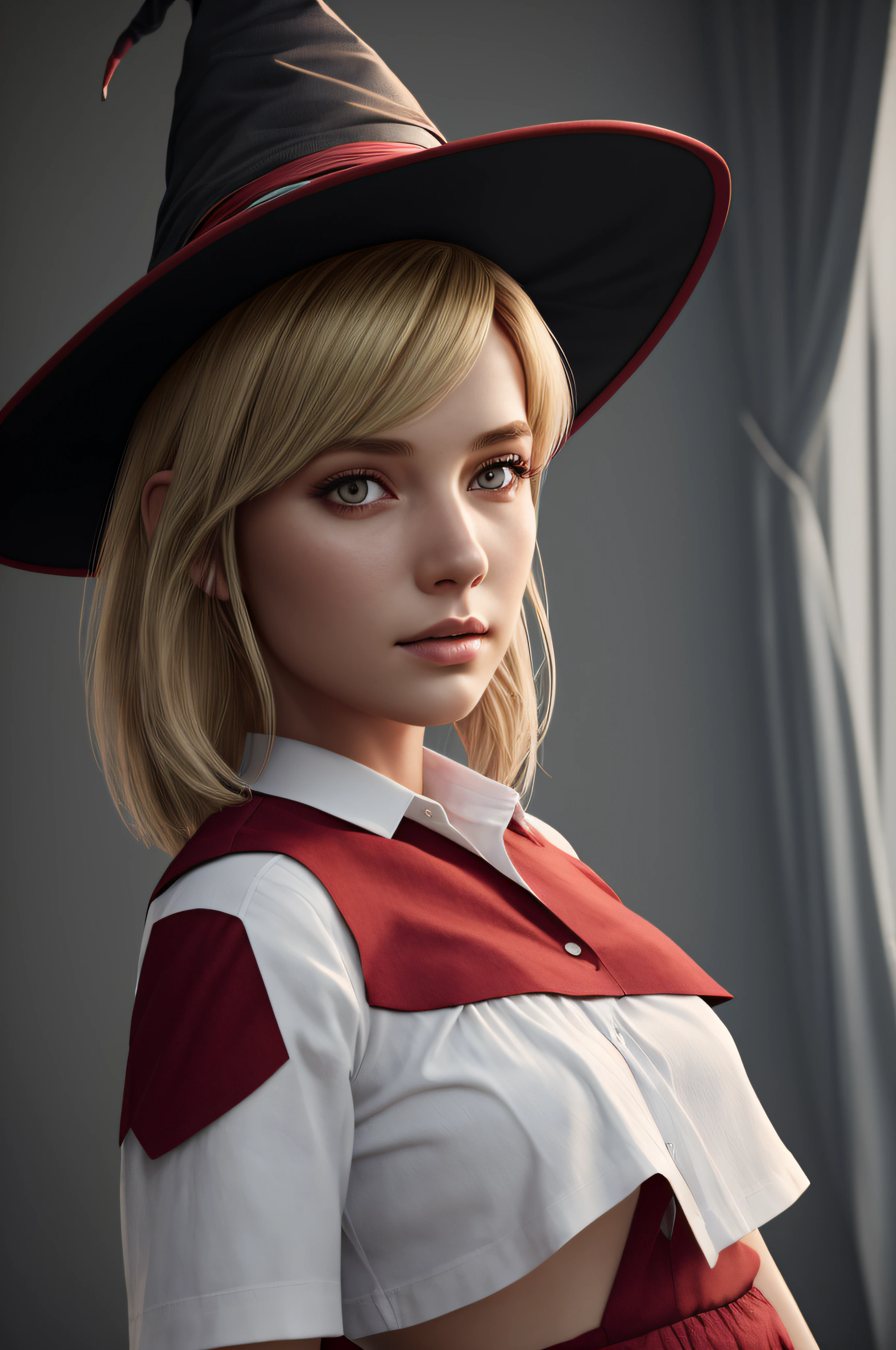 witch, girl, hair blonde, Best quality, skirt red, masterpiece, shirt white, ultra high res, (photo realistic:1.4), raw photo, cinematic lighting, blender, 8 k,