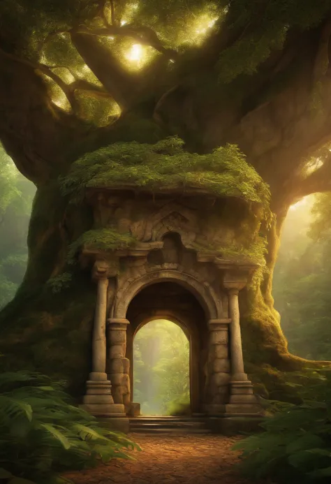 A portal where gold coins fall into a paradisiacal landscape. The portal is surrounded by branches and roots. Underneath the roots is a cottage built into the rock with 2 windows.