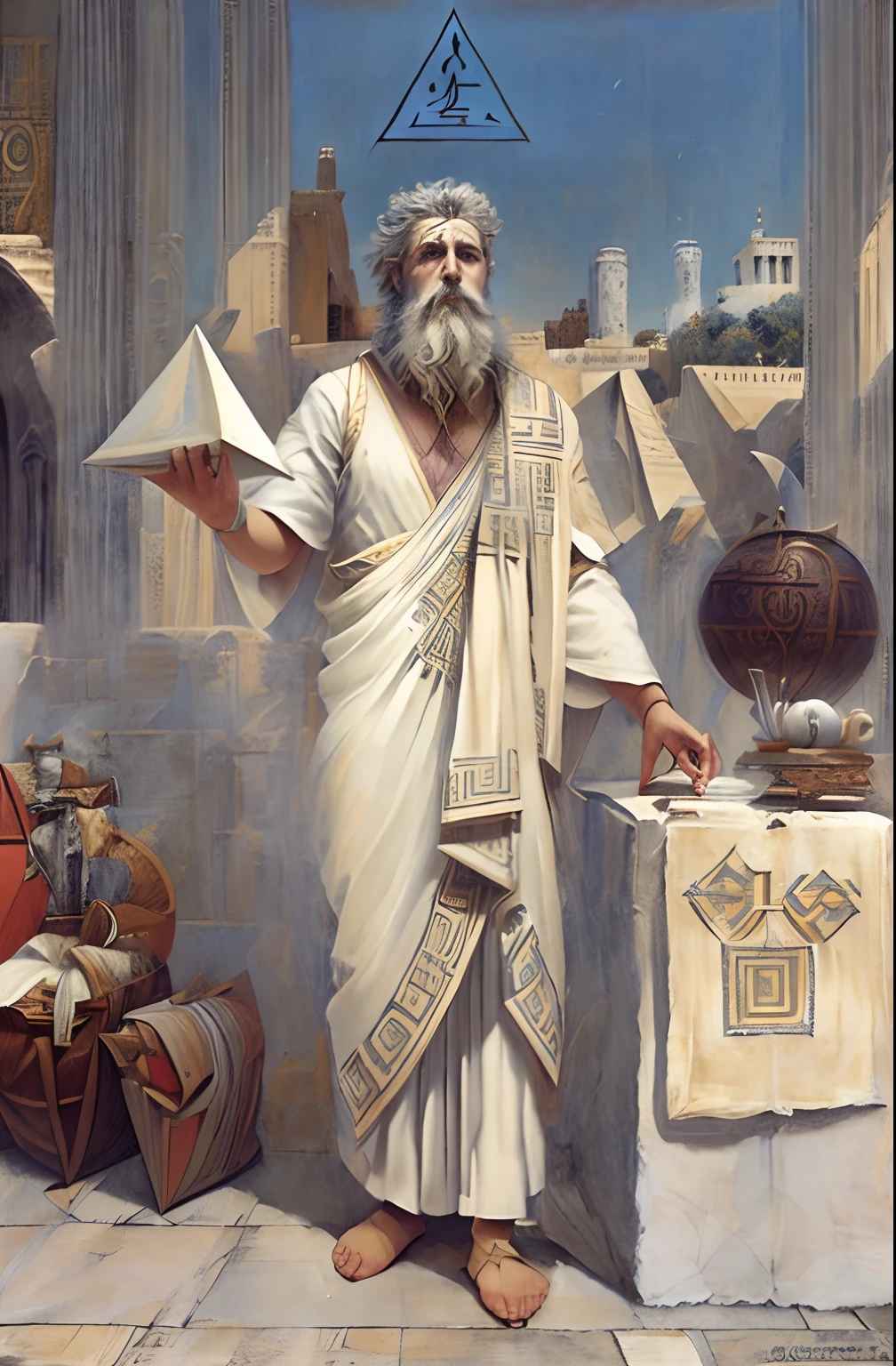 (( Pythagoras ))     a painting of a man with a beard and a white robe, hermes trismegistus, archimedes, inspired by Theophanes the Greek, pythagorean theorem, gregory euclide, masonic art, inspired by Cedric Seaut (Keos Masons), by Theophanes the Greek, theophanes