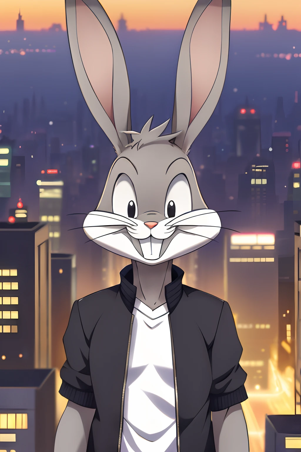 gloves, male, solo, bugs bunny, rabbit, buckteeth, city, long ears, grey body, grey fur, white fur,furry,anime style, anime screencap, 2010s_\(style\), grin, forest, upper body, short-sleeved jacket with white lining,