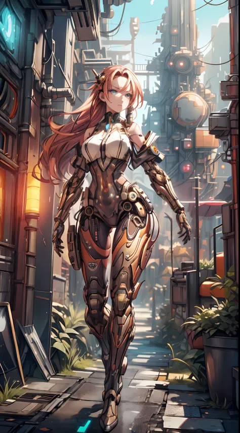 (Best quality, high resolution, Masterpiece:1.2), Detailed cyborg girl, Mechanical elements, futuristic environment, glowing neo...