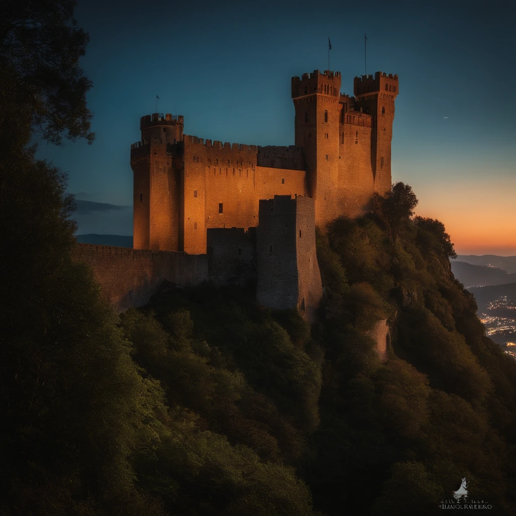 a dark medieval castle,midnight,a giant bear above the castle