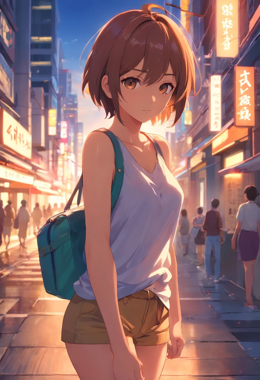 A woman in a white shirt and brown shorts is walking down a street - SeaArt  AI