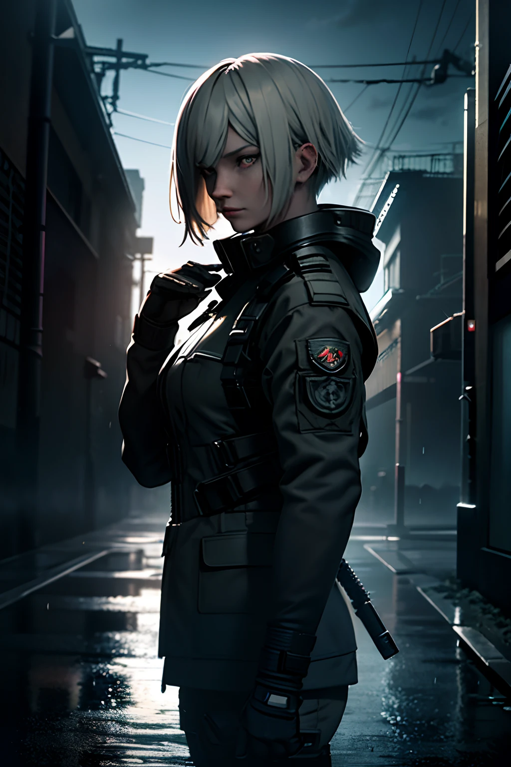 A girl with short blonde hair named Albina standing in the rain in a city at night. She is dressed in a black military uniform as a soldier. Albina has a pistol in her hand, ready for crossfire. The scene is high quality, with 4k resolution, allowing for ultra-detailed rendering. The atmosphere is realistic and photorealistic, with vivid colors and sharp focus. The art style is a combination of portraiture and conceptual art, highlighting the intensity of the moment. The color tone of the image is influenced by the nighttime setting, with a contrast of dark and moody lighting.