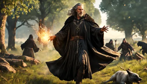 animal，modelshoot style, (extremely detailed CG unity 8k wallpaper),  Middle ages, druid，human，male，middle-aged，Tattered clothes，black silk robe,  nature magic, medieval era, , countryside, action pose, casting a spell，