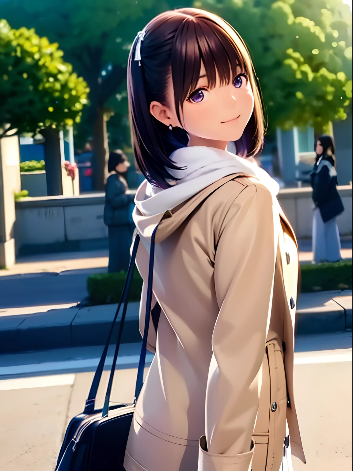 hight resolution,8K,Best Quality,detaileds,semi - realistic anime,Anime 3D Style,Smooth Anime CG,1 girl in,20 year old woman in Japan,slim,modeled,shiny chestnut hair,Medium Hair,Detailed face,Beautiful and detailed eyes,Glowing skin,(parka,layered clothes),earring beautiful,a necklace,autumnal,tag, with light glowing, plein air, (a street:0.8), (a person, Large crowds:1),Beautiful details sky, (dynamicposes:0.8),Hard Focus、film grains,Soft lighting,the wind,looking at the viewers,A smile,Angle from the side