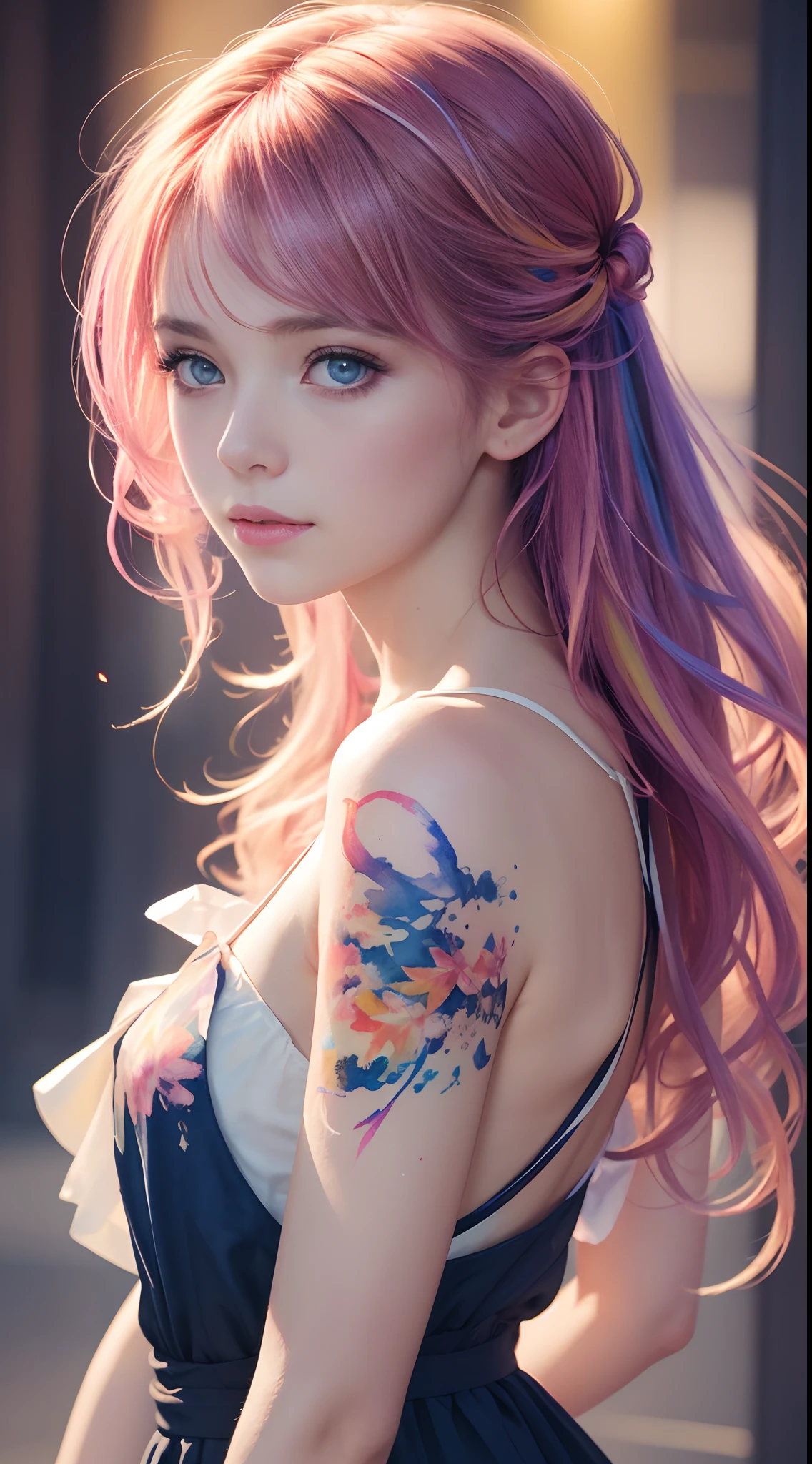 A woman with pink hair and a butterfly tattoo on her arm - SeaArt AI