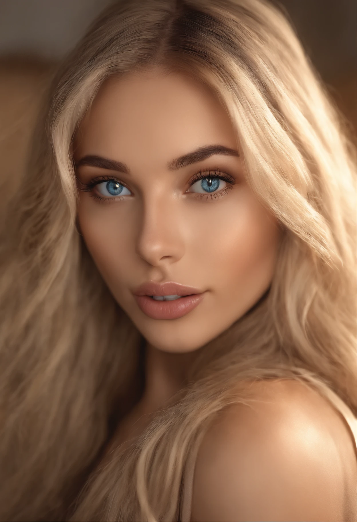 A woman with long blonde hair and blue eyes posing for a picture - SeaArt AI